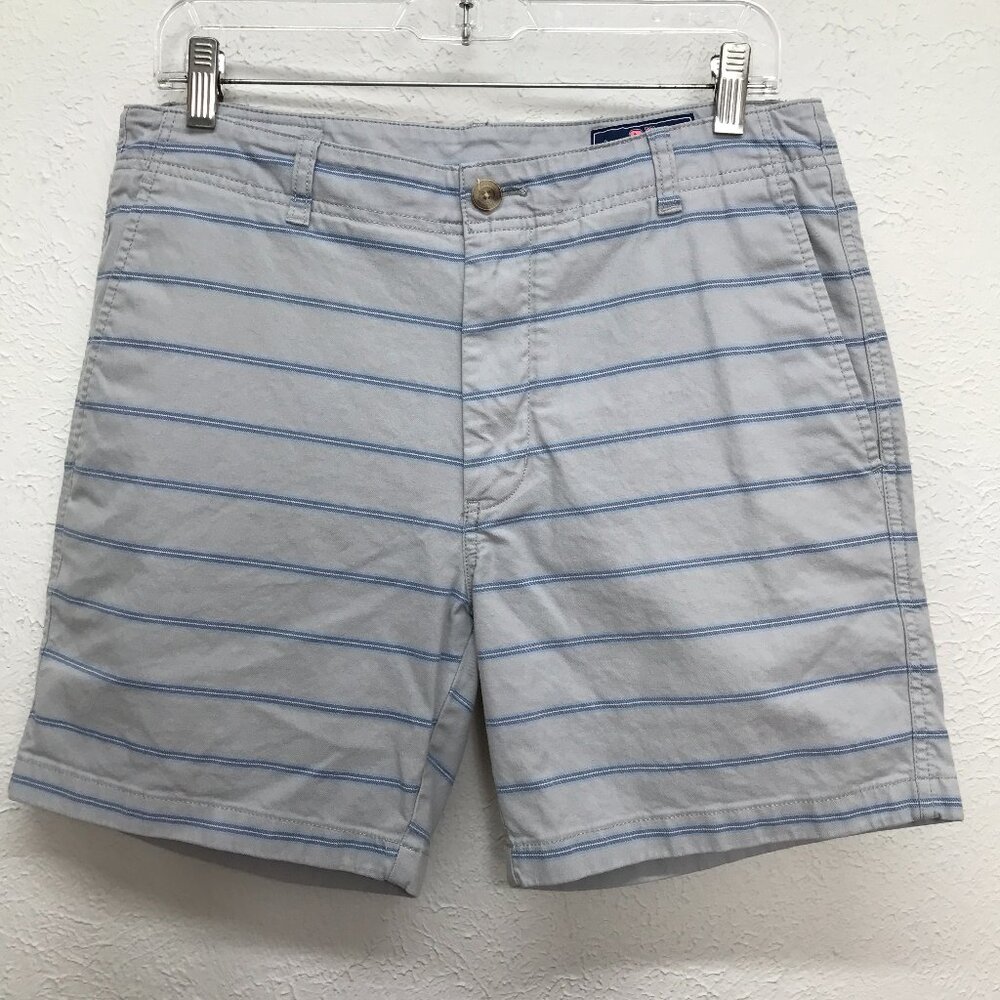 Vineyard Vines Island Shorts Mens 32 Blue Gray Striped Cotton Flat Front Stretch